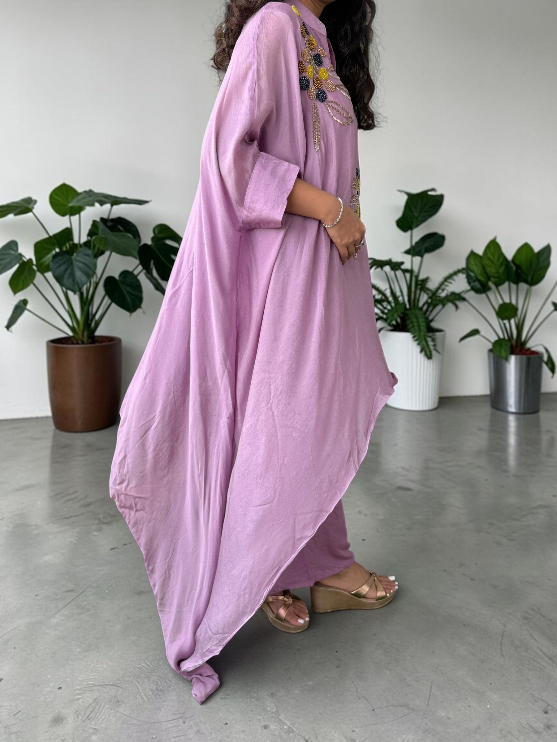 Lilac Hand-Embellished Chinon Kaftan Set