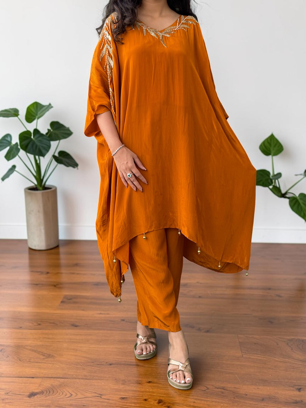 Rust Orange Crepe Kaftan Set