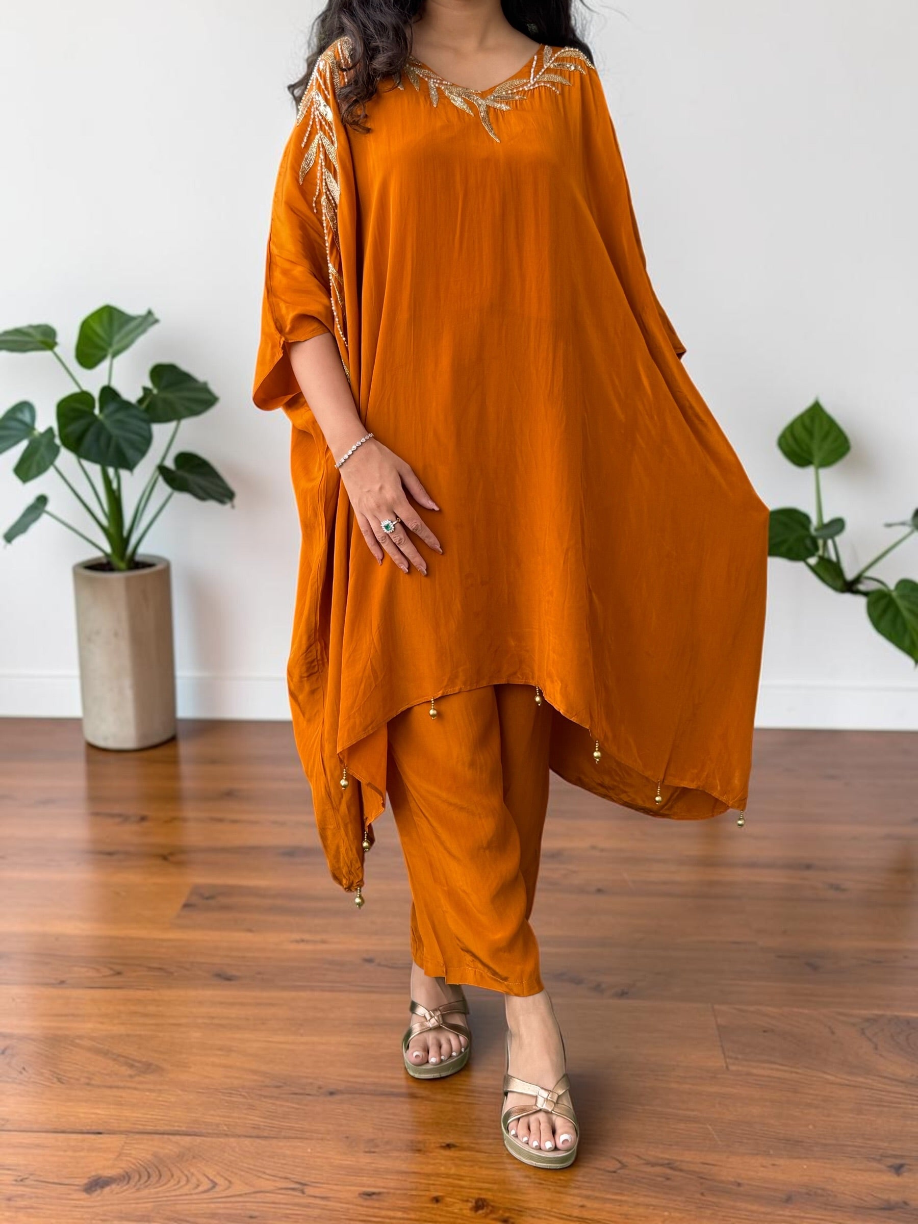 Rust Orange Crepe Kaftan Set