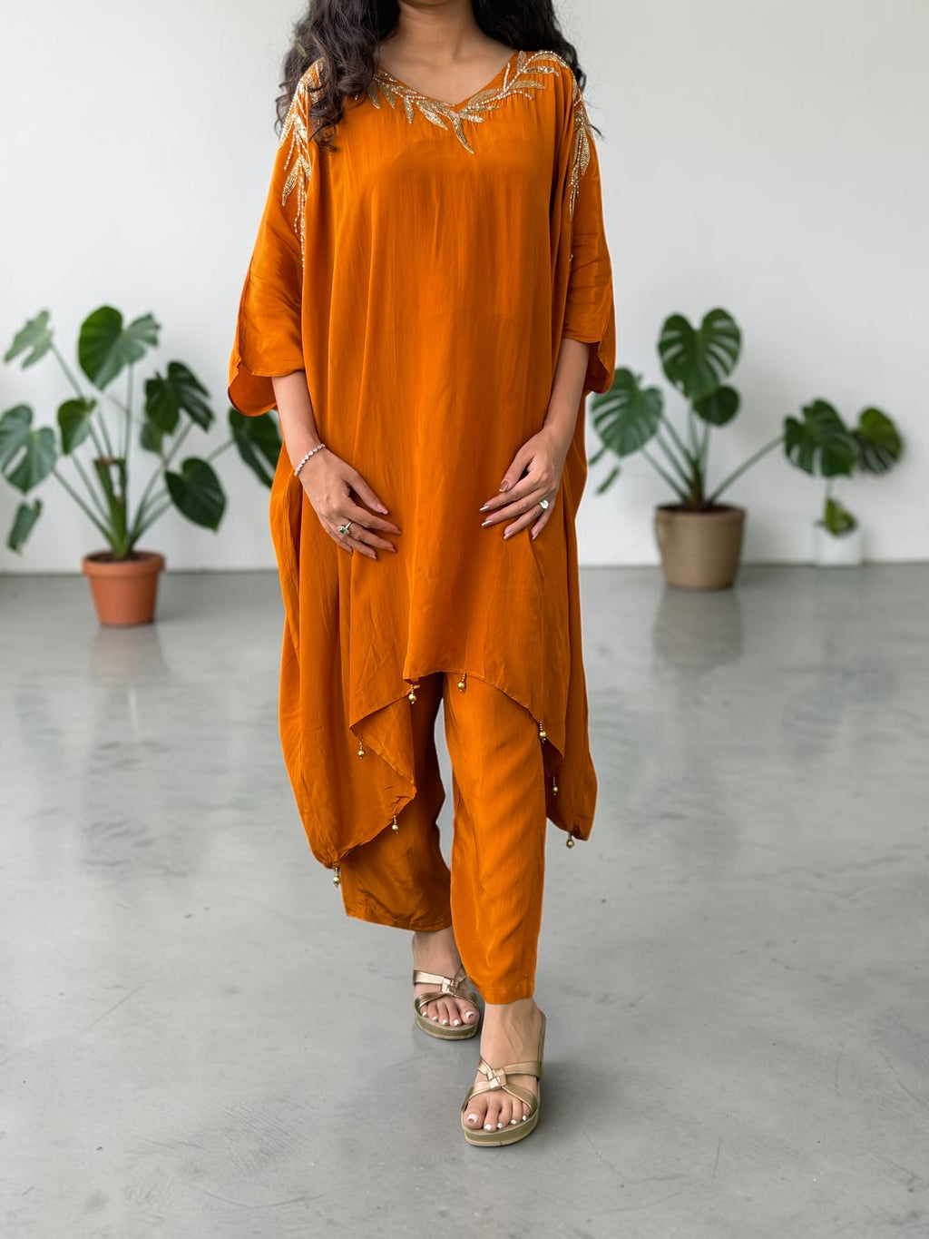 Rust Orange Crepe Kaftan Set