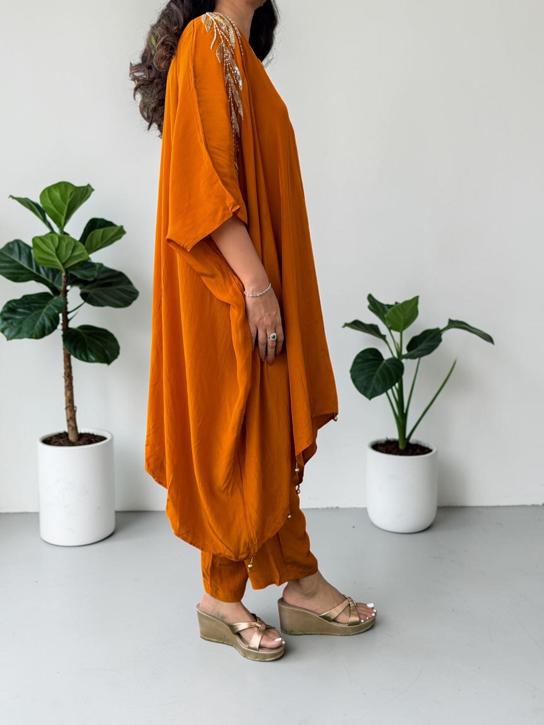 Rust Orange Crepe Kaftan Set