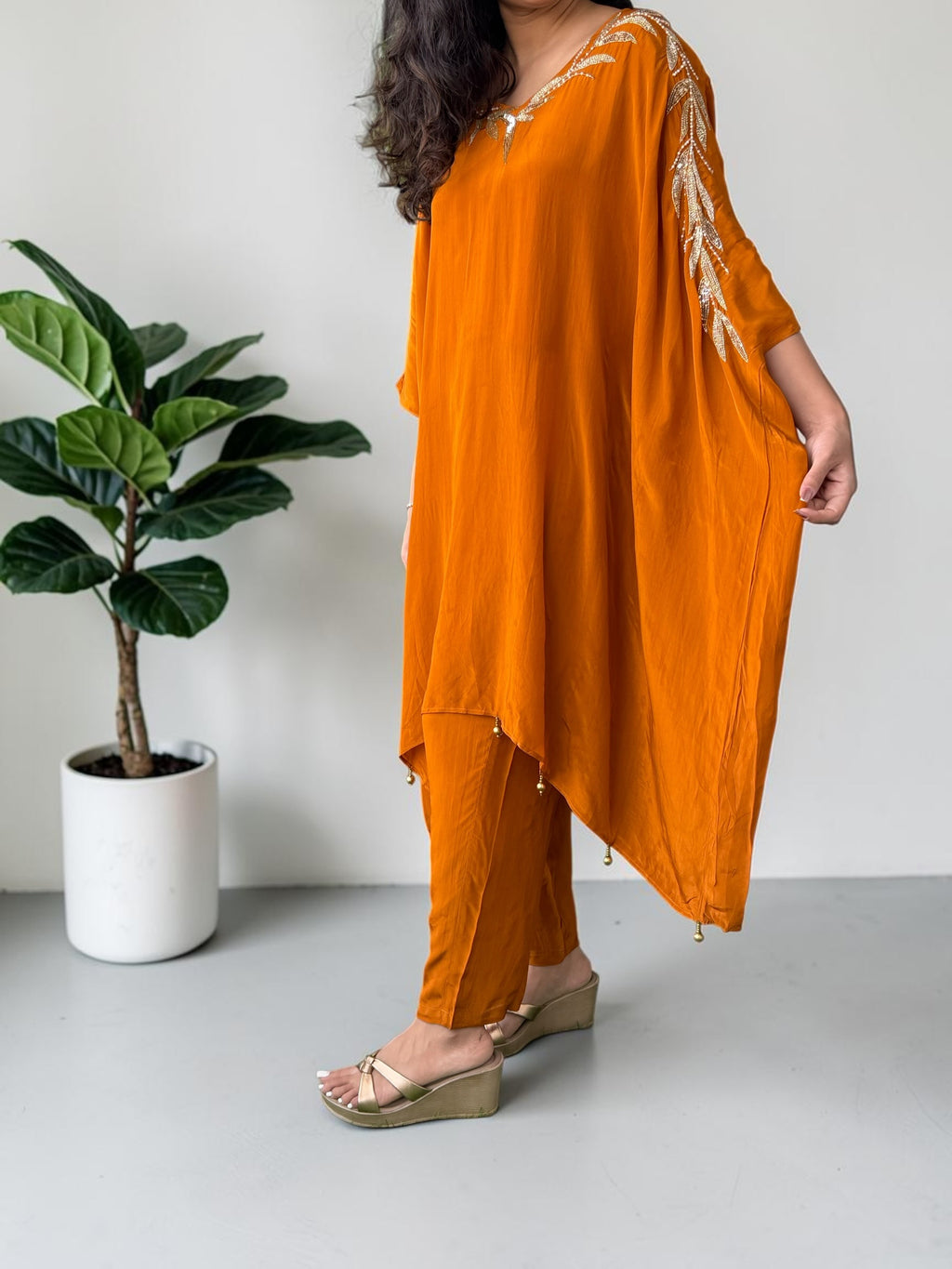 Rust Orange Crepe Kaftan Set