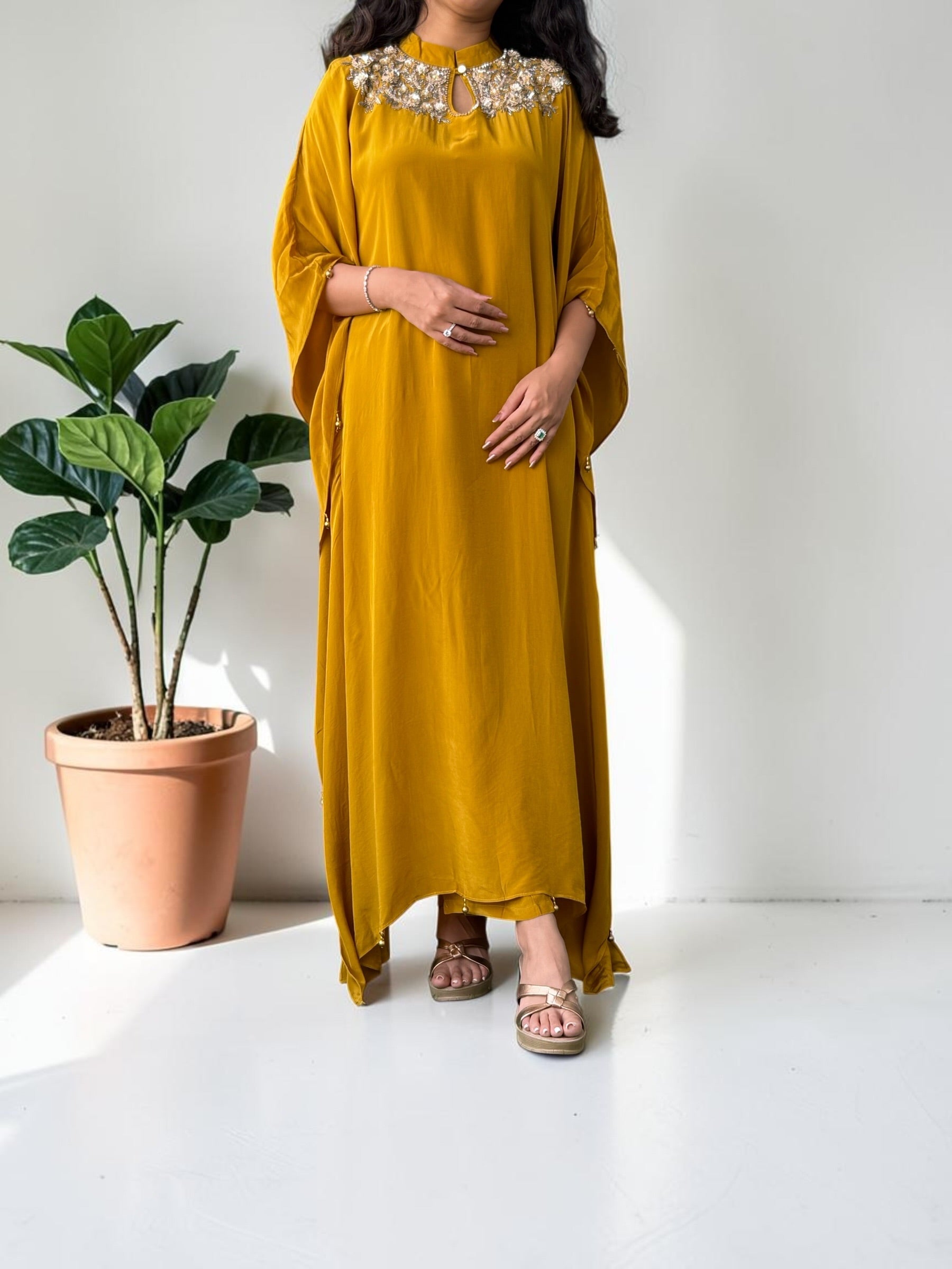 Golden Mustard Embroidered Crepe Kaftan Set