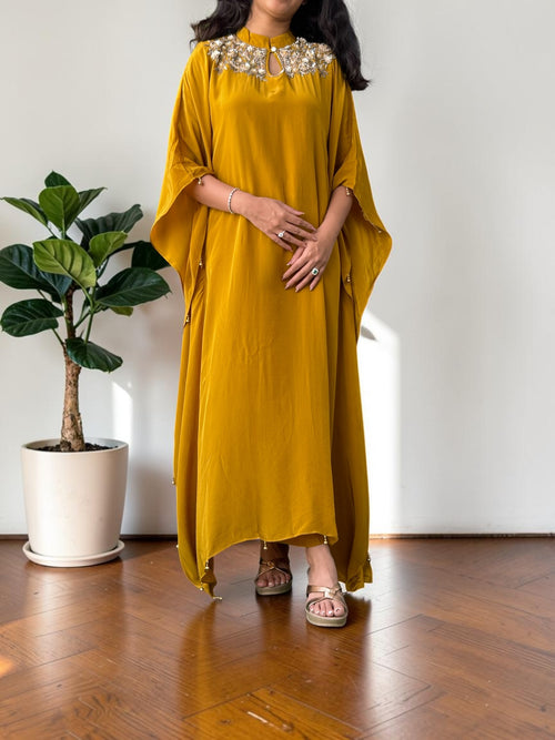 Golden Mustard Embroidered Crepe Kaftan Set