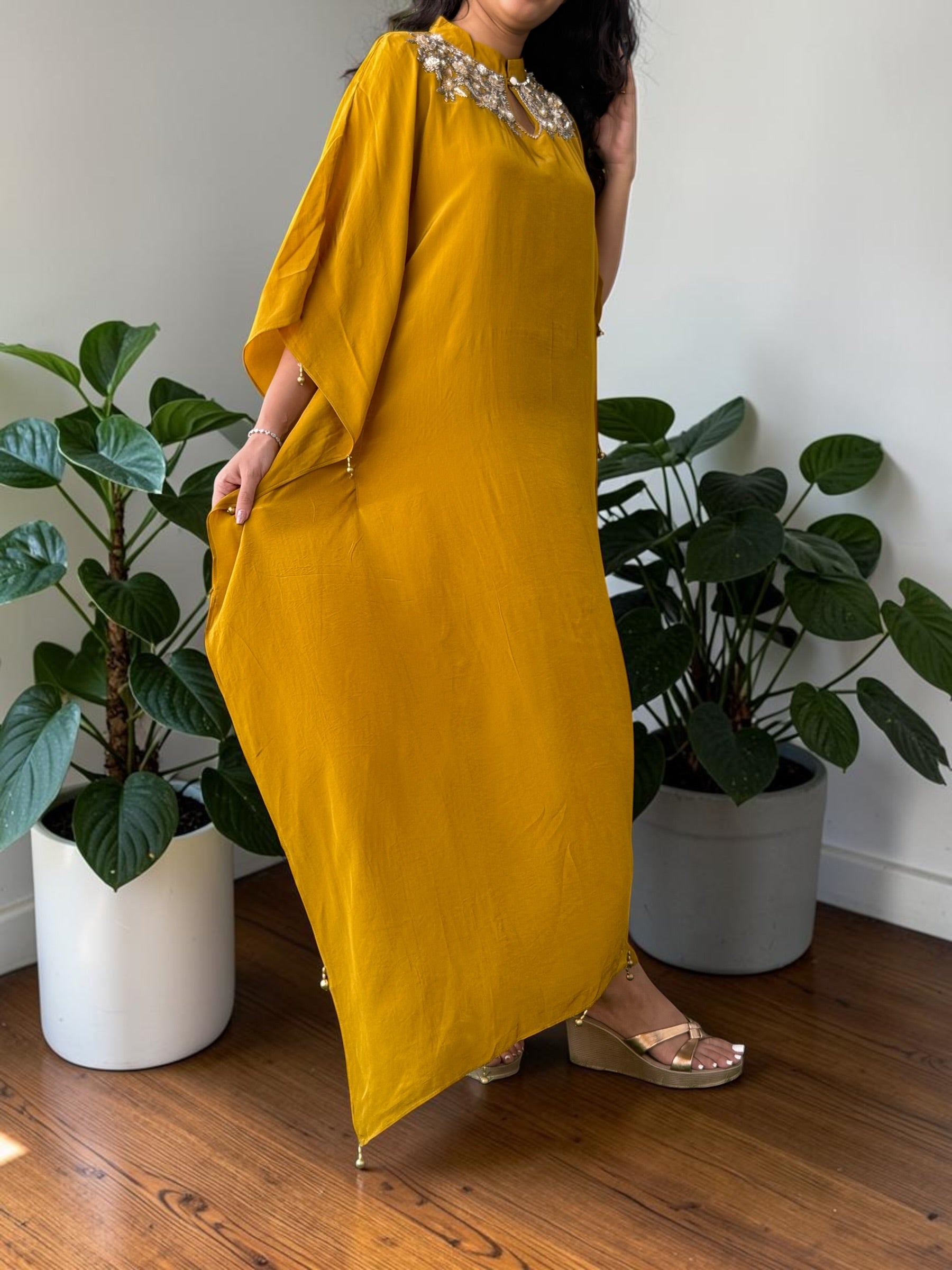 Golden Mustard Embroidered Crepe Kaftan Set