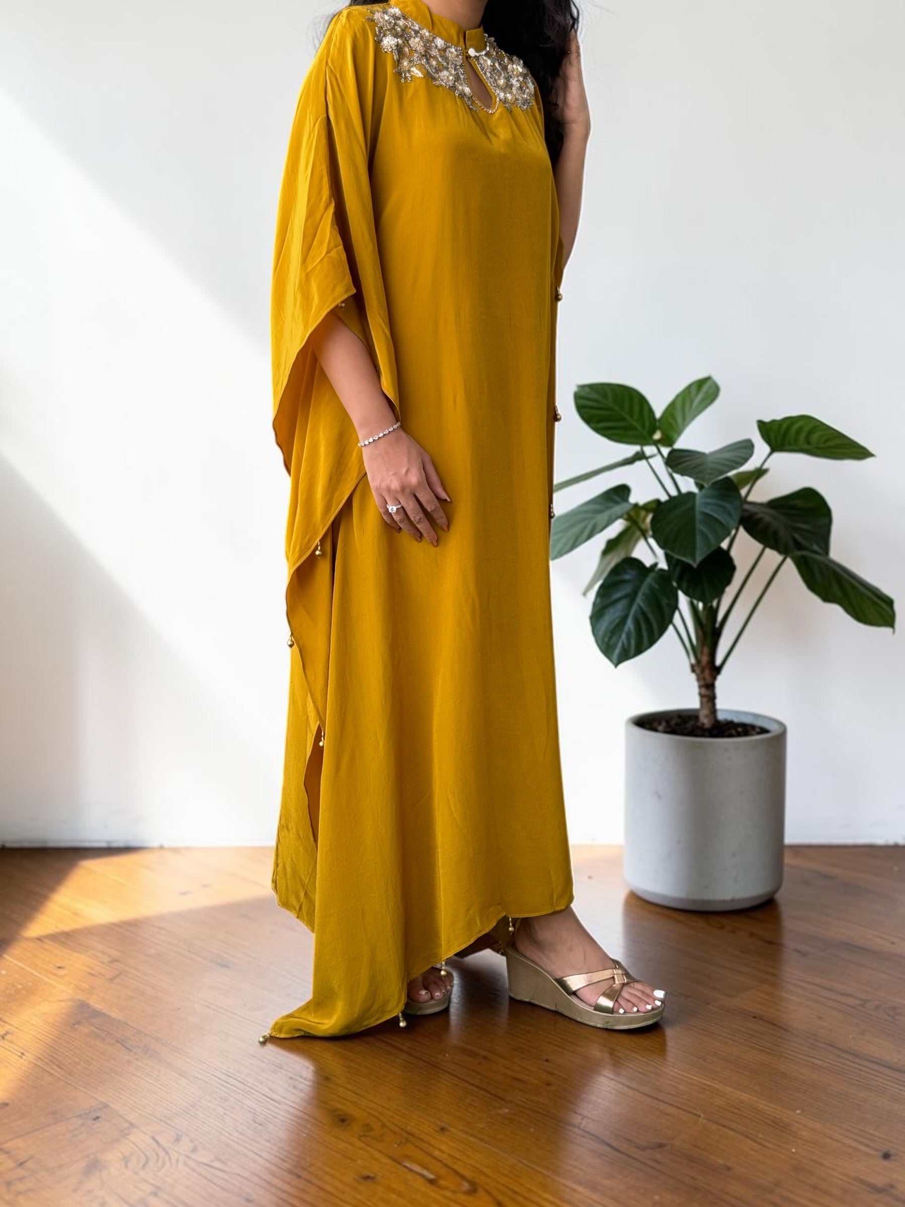 Golden Mustard Embroidered Crepe Kaftan Set
