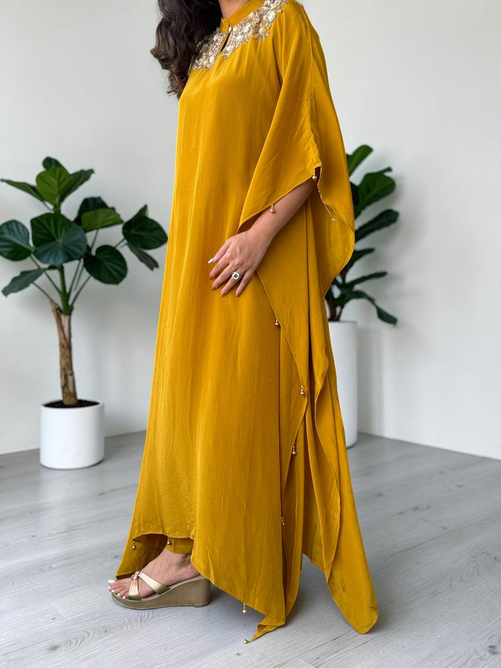 Golden Mustard Embroidered Crepe Kaftan Set