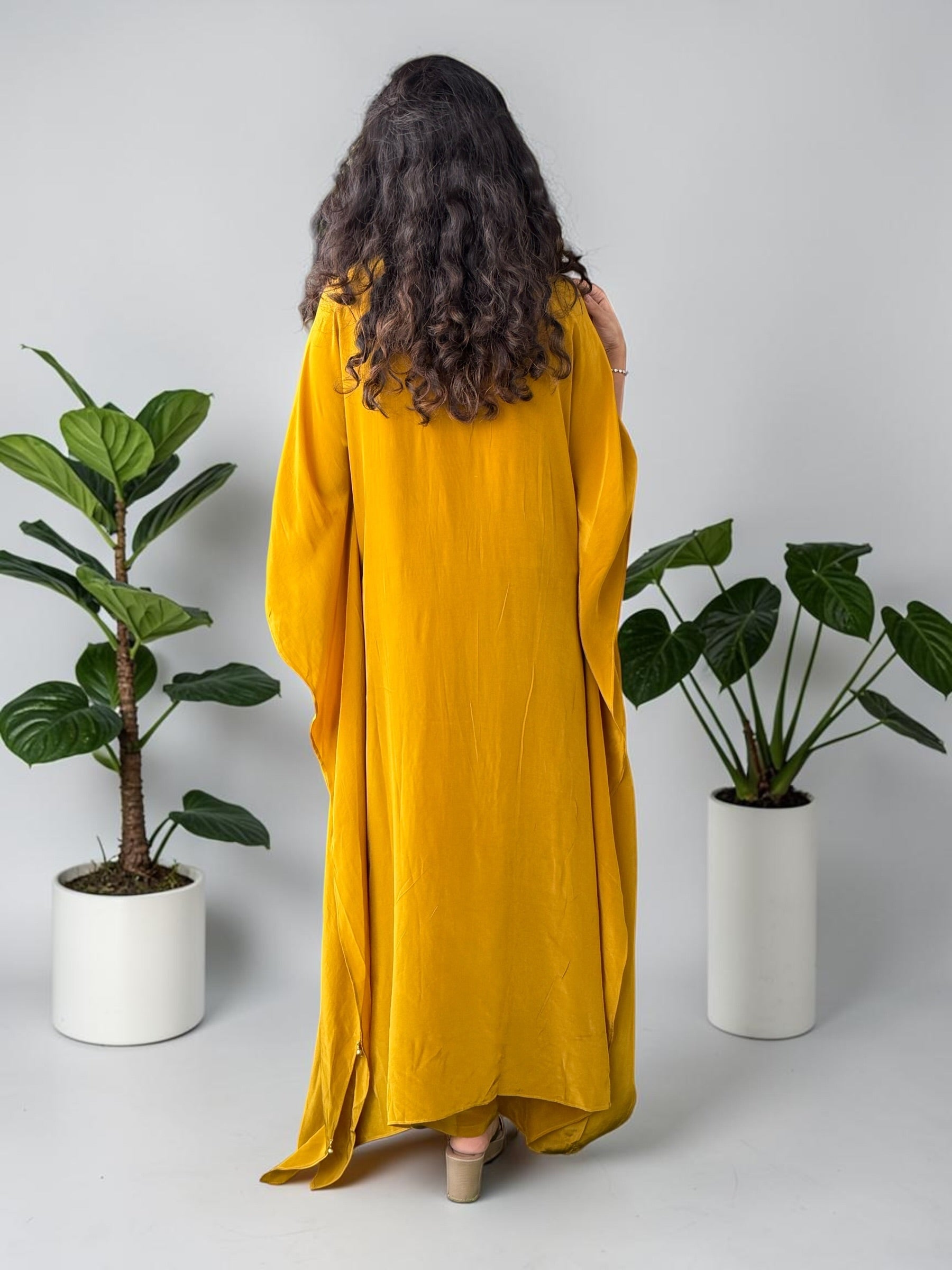 Golden Mustard Embroidered Crepe Kaftan Set