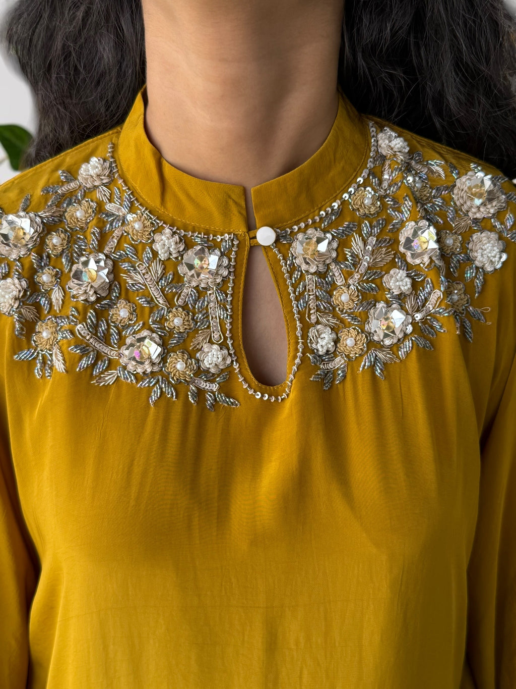 Golden Mustard Embroidered Crepe Kaftan Set