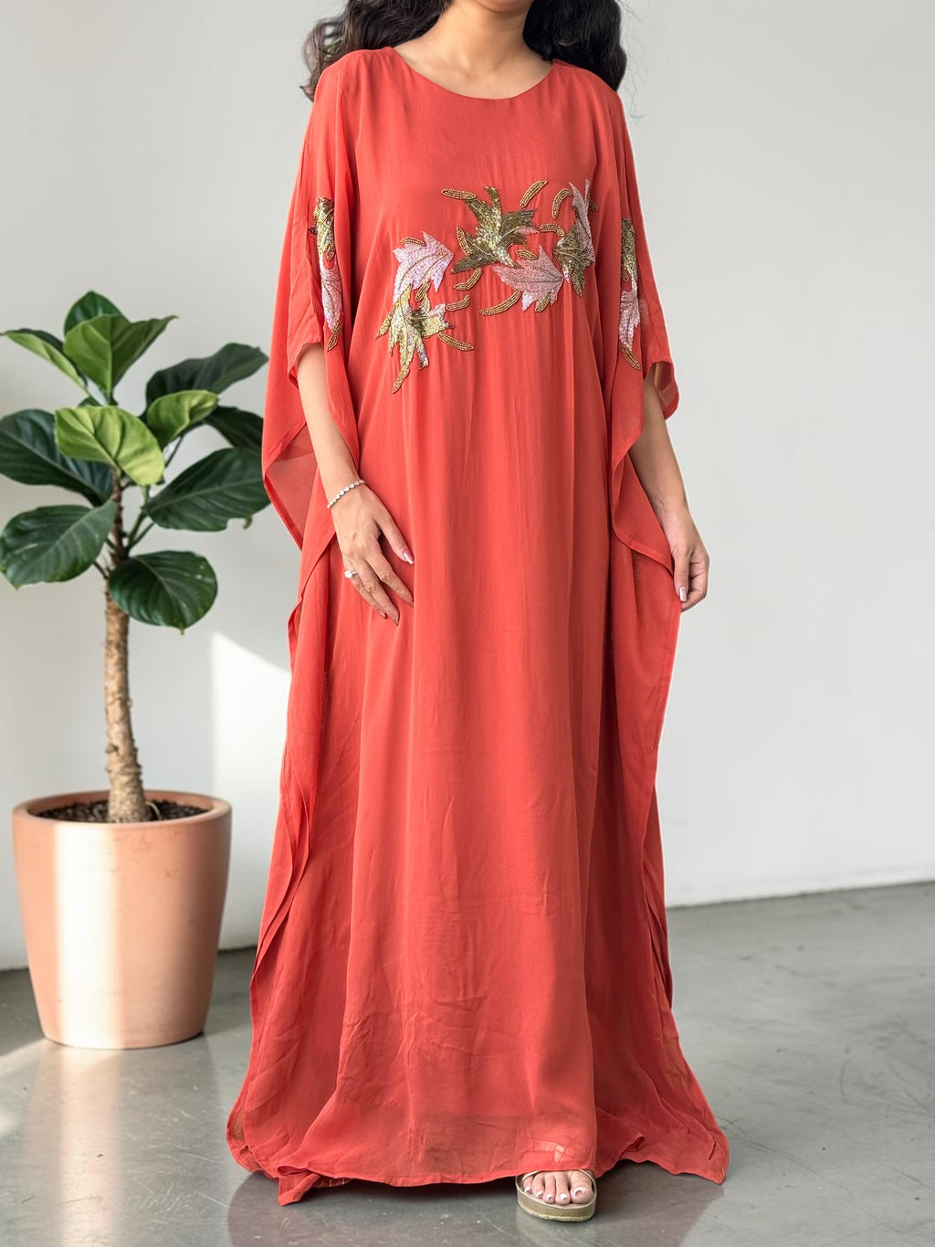 Terracotta Hand-Beaded Georgette Kaftan Gown