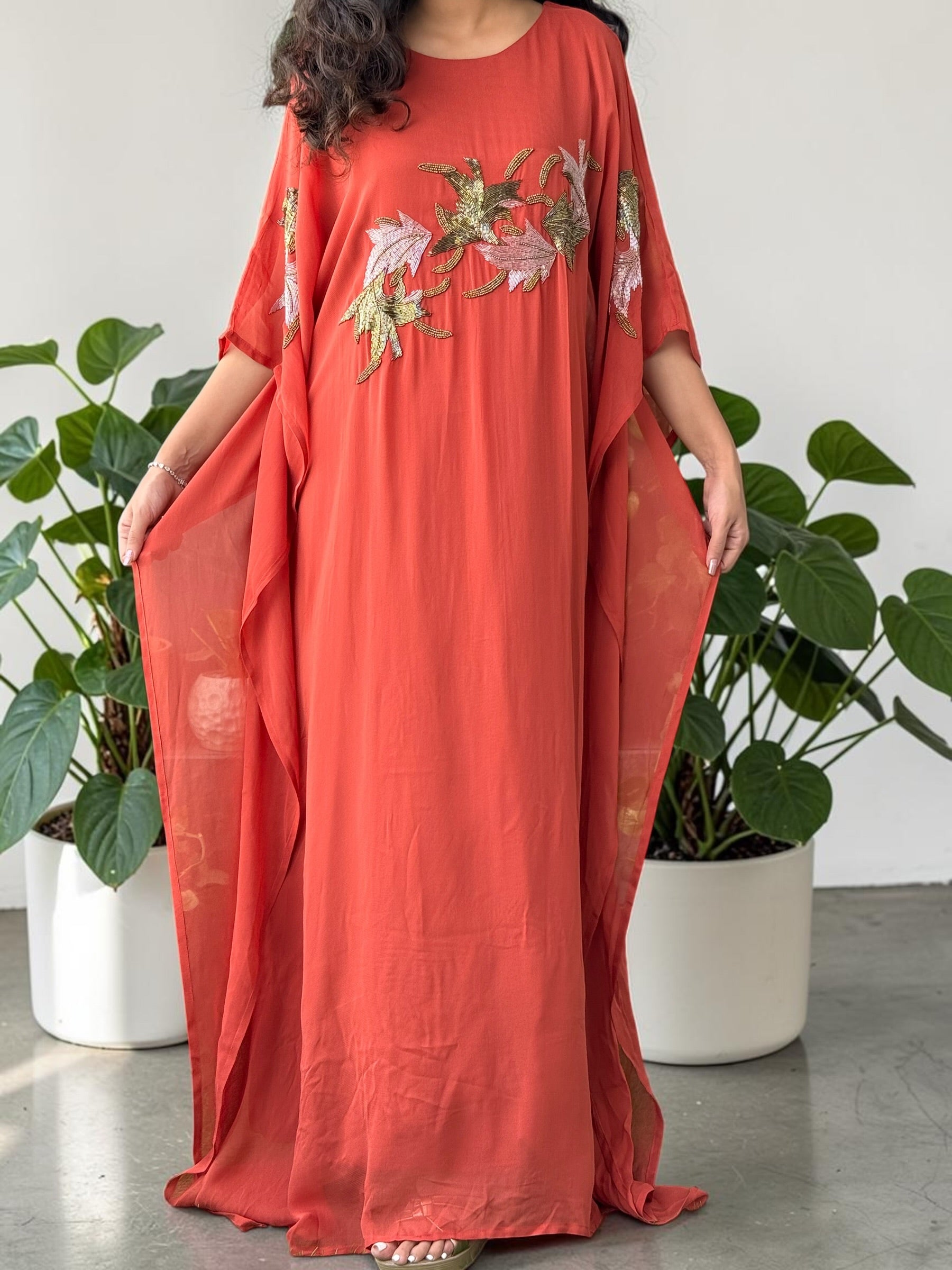 Terracotta Hand-Beaded Georgette Kaftan Gown
