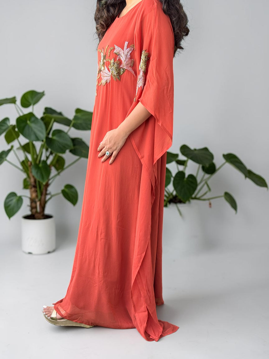 Terracotta Hand-Beaded Georgette Kaftan Gown