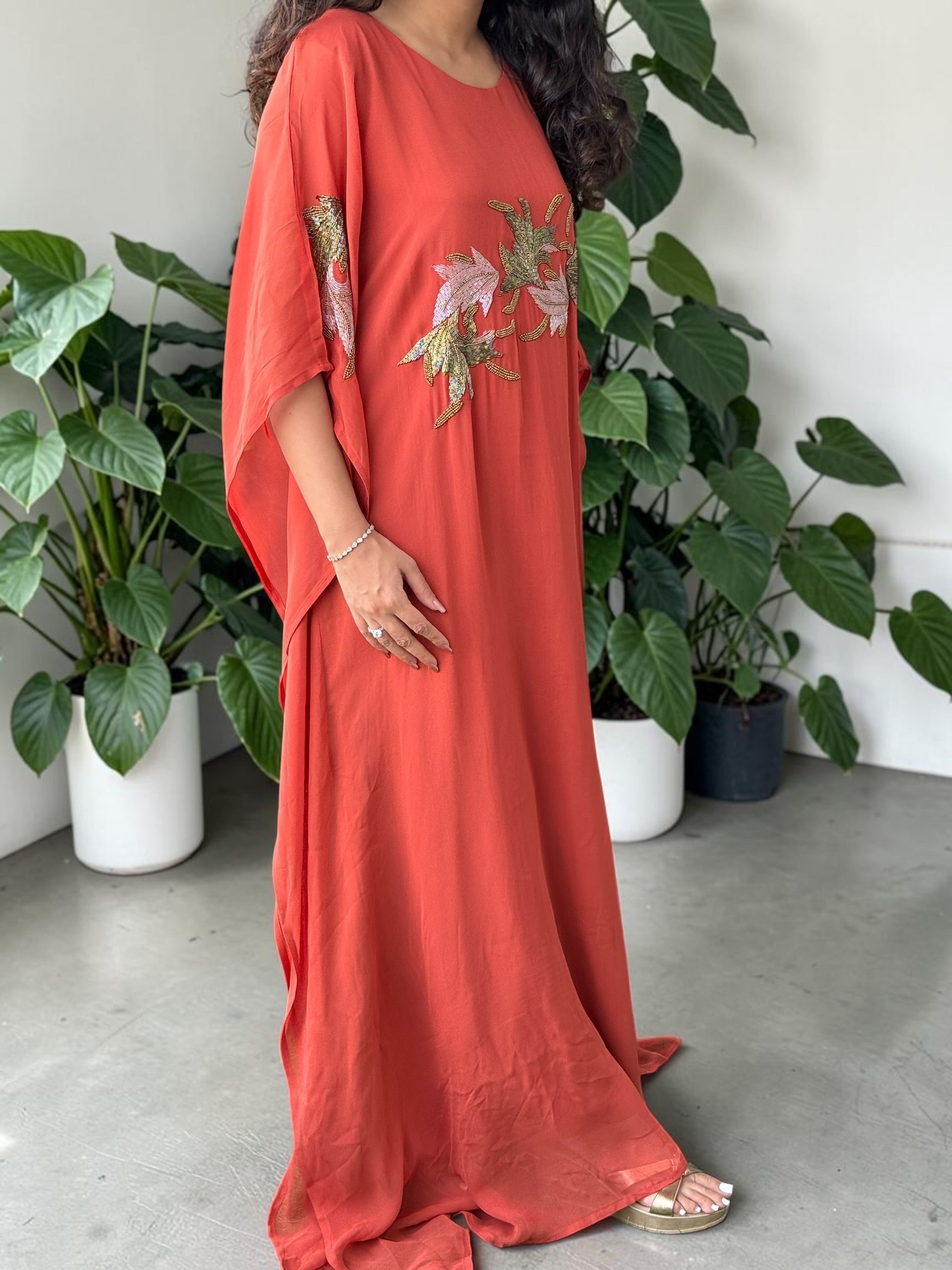 Terracotta Hand-Beaded Georgette Kaftan Gown