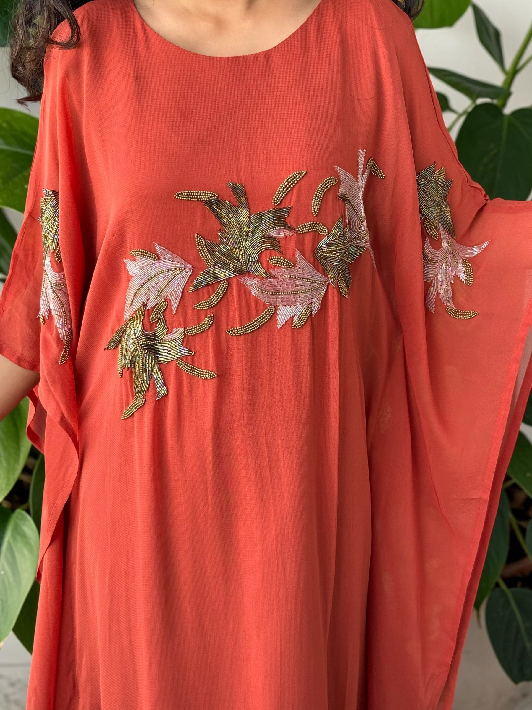 Terracotta Hand-Beaded Georgette Kaftan Gown