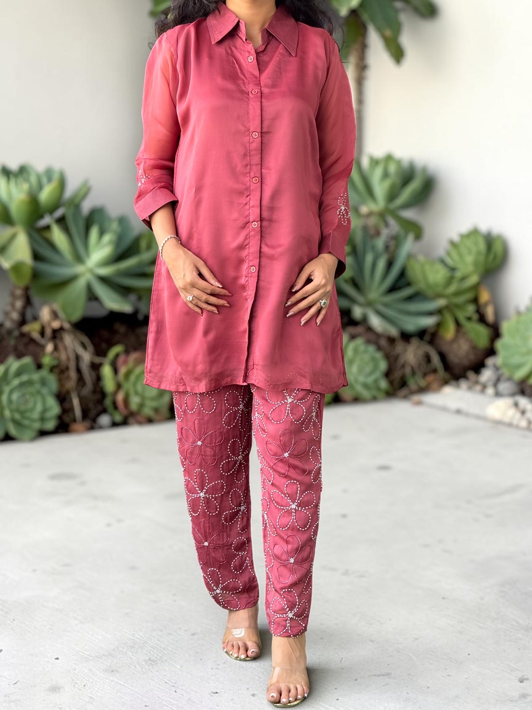 Fuchsia Scalloped Hand-Embroidered Organza Set