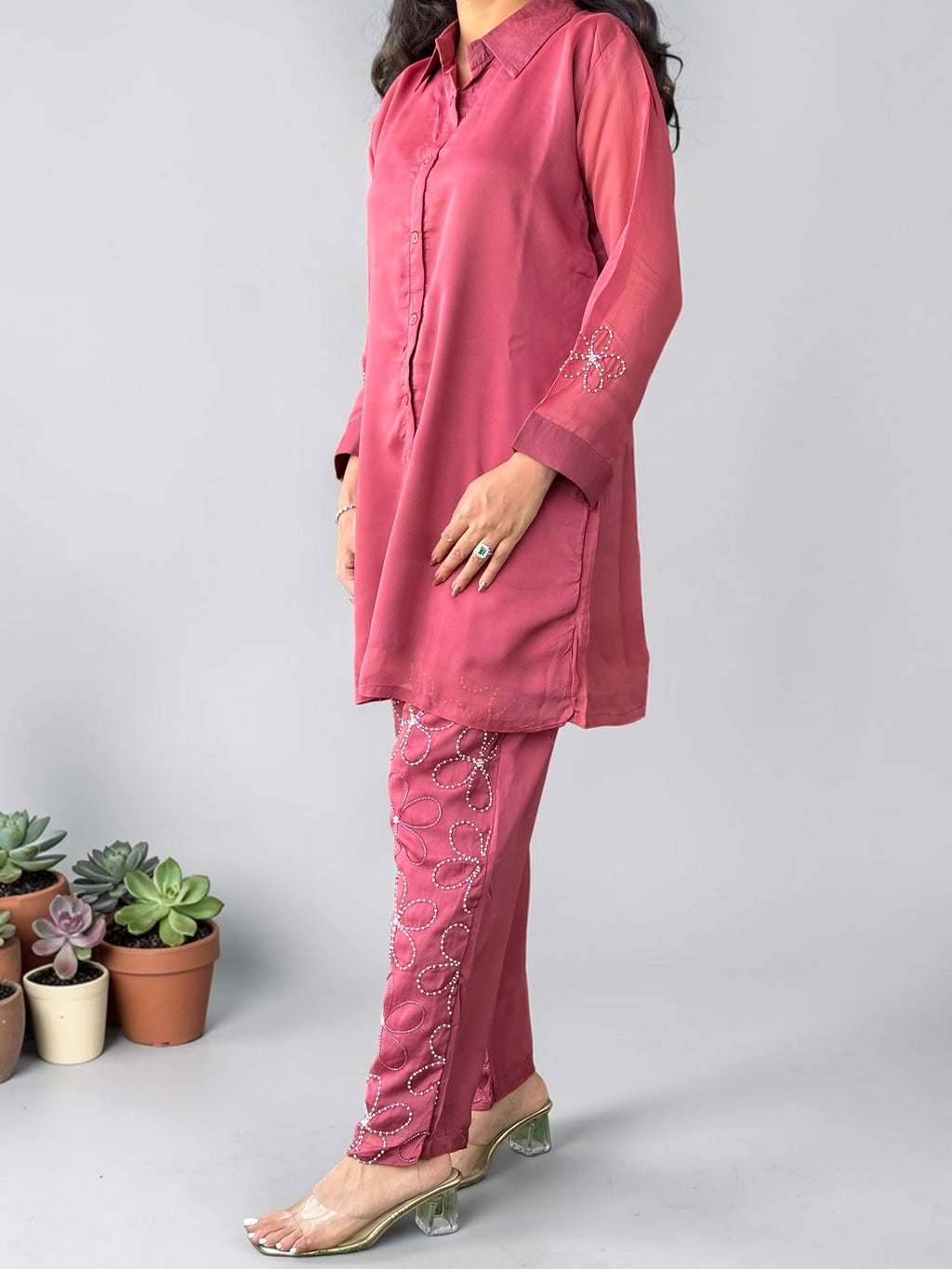 Fuchsia Scalloped Hand-Embroidered Organza Co-ord Set