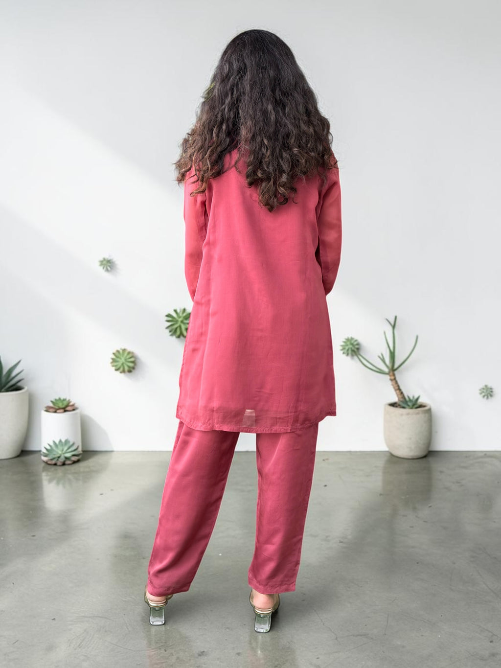 Fuchsia Scalloped Hand-Embroidered Organza Co-ord Set