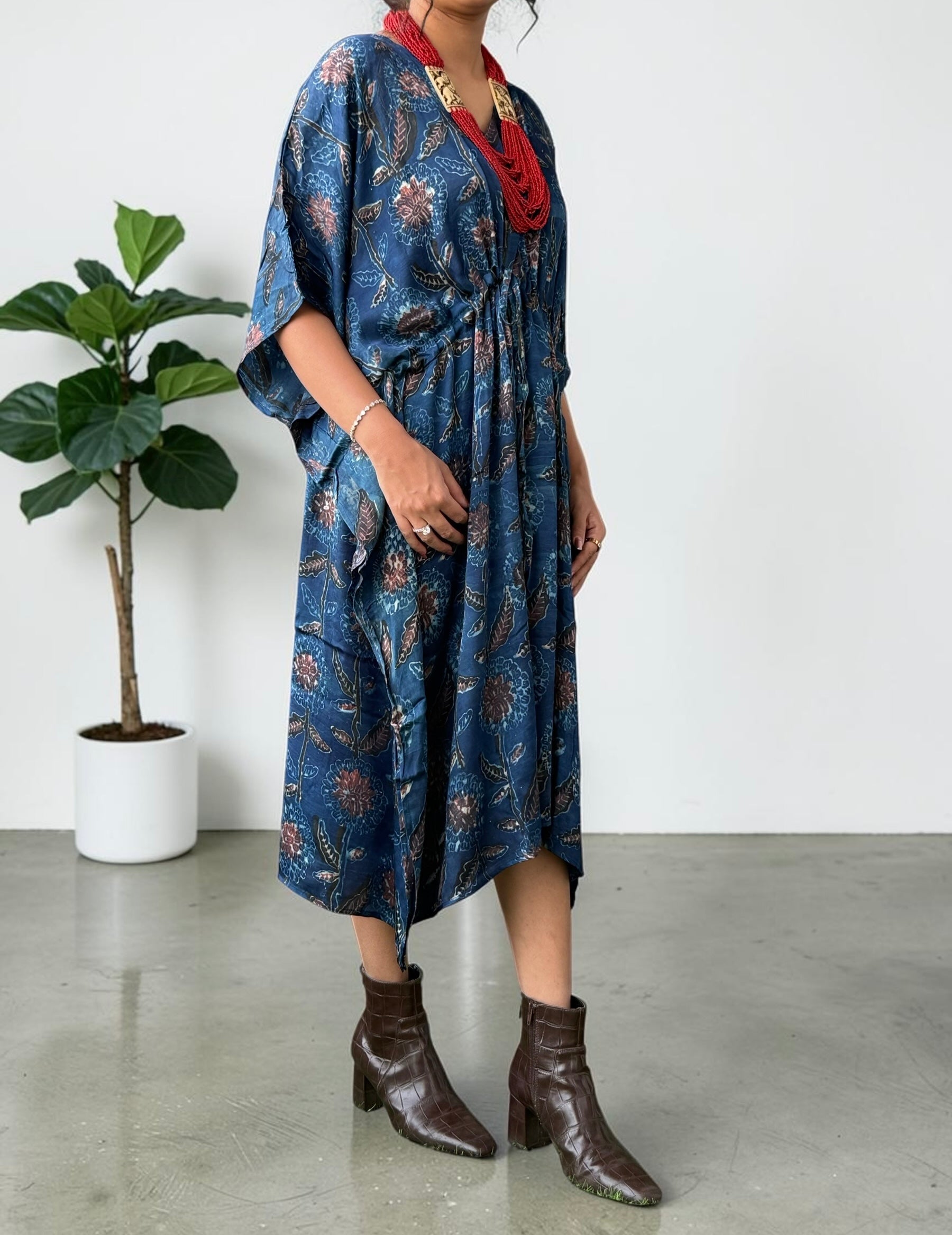 Indigo Botanical Modal Silk Kaftan (FREE SIZE- CAN FIT TO S TO XXL)