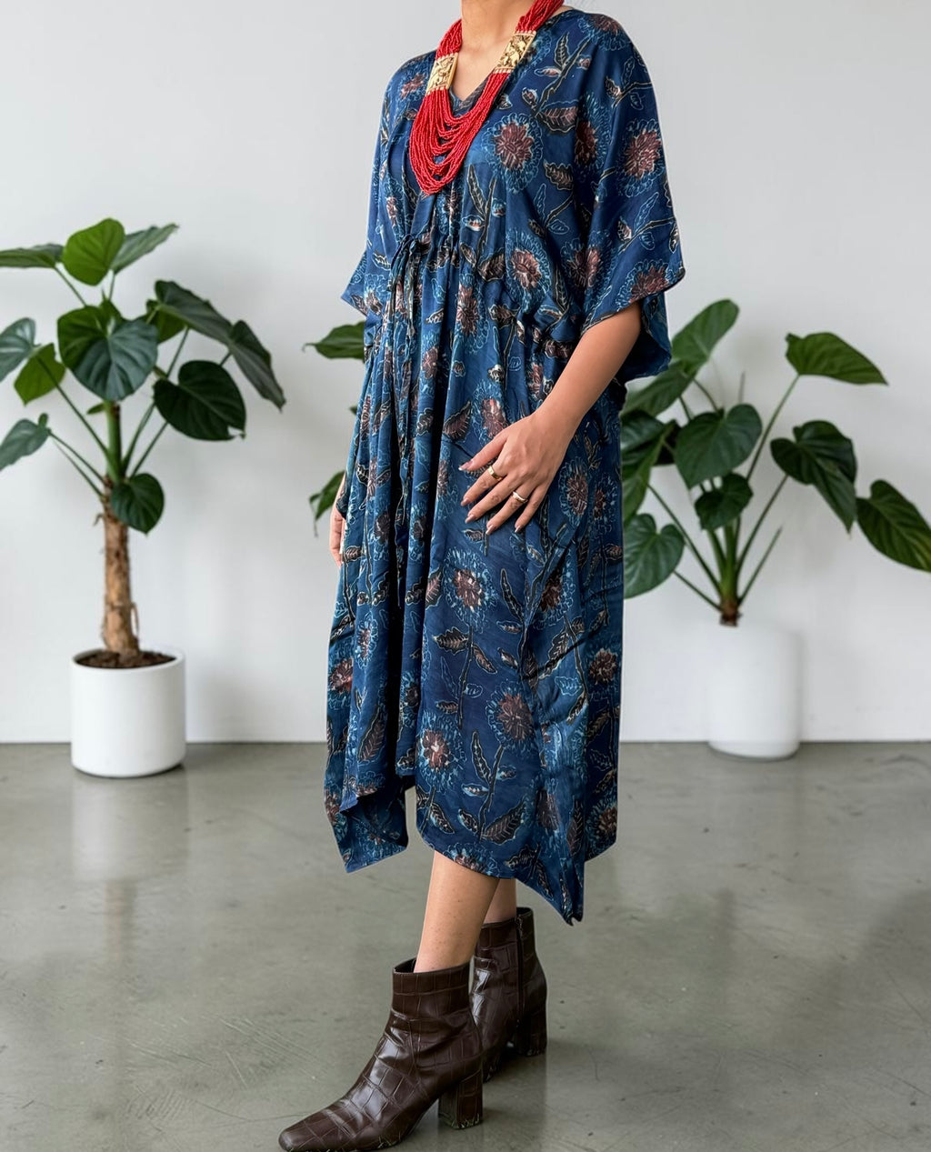 Indigo Botanical Modal Silk Kaftan (FREE SIZE- CAN FIT TO S TO XXL)