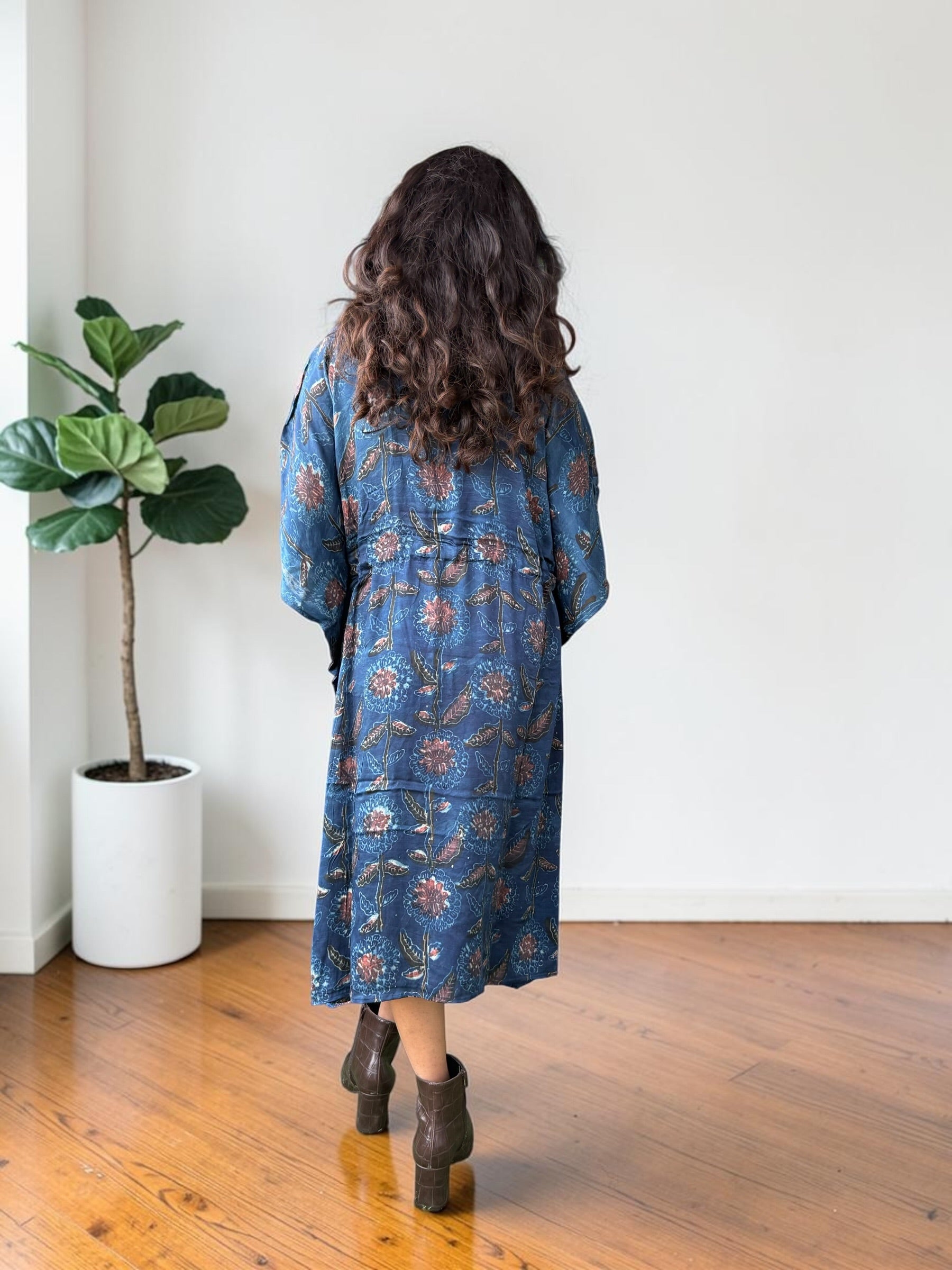 Indigo Botanical Modal Silk Kaftan (FREE SIZE- CAN FIT TO S TO XXL)