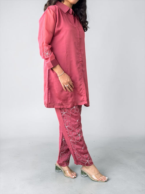 Fuchsia Scalloped Hand-Embroidered Organza Set