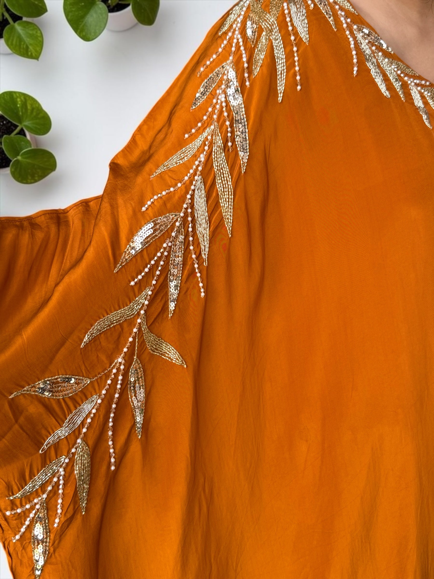 Rust Orange Crepe Kaftan Set