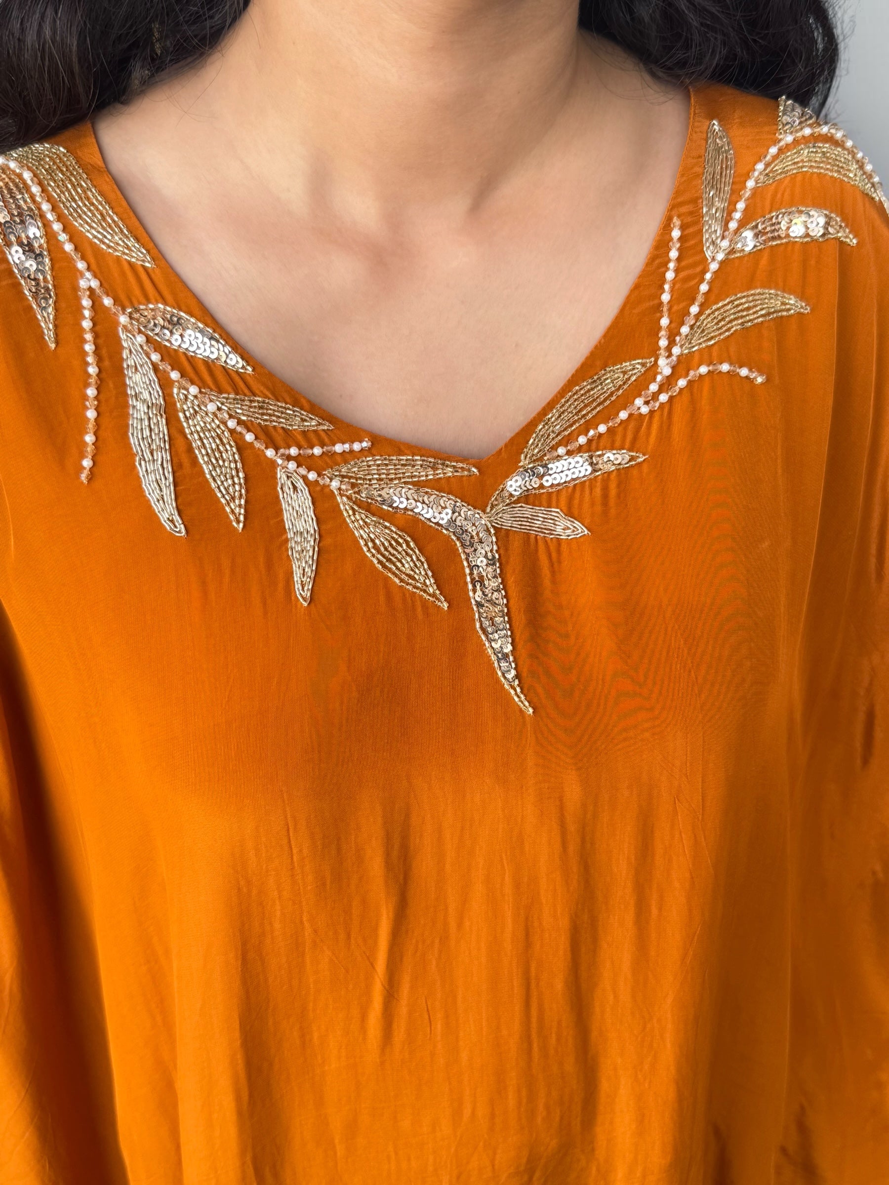 Rust Orange Crepe Kaftan Set